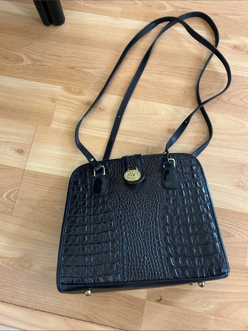 Brahmin Croc-Embossed Black Shoulder Bag with Gold Accent